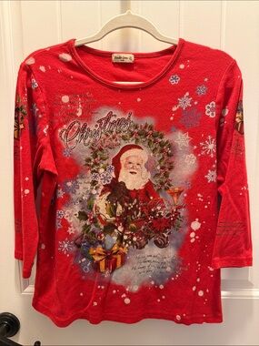 Studio Gem Women’s Jr. Embellished Red Christmas 3/4 Sleeve Graphic Tee (Jr. L)
